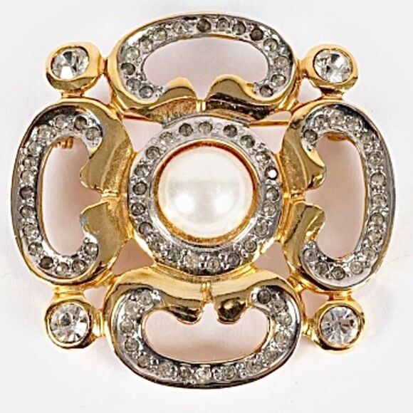 Valentino Vintage Gold Brooch w/ Crystal & Pearl Detail Pristine - Picture 1 of 5
